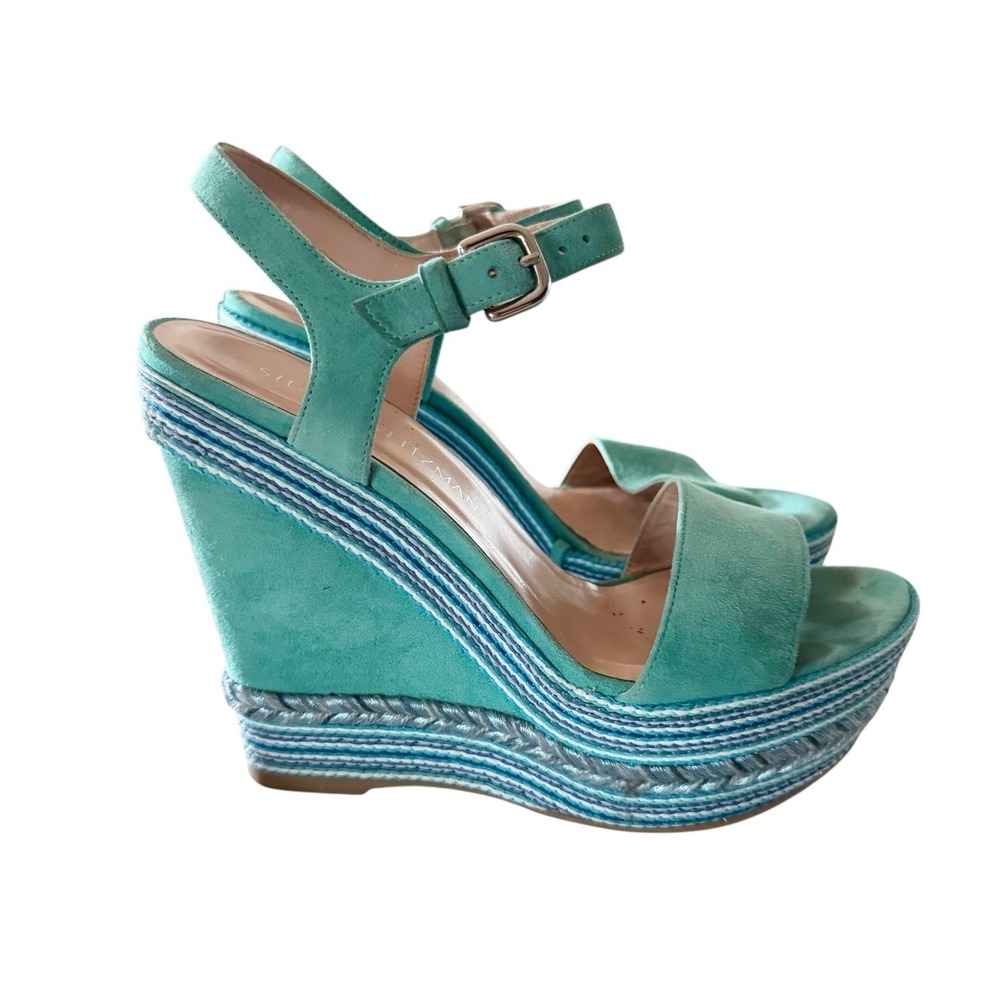 STUART WEITZMAN Island Suede Turquoise Embellished Rope Wedge Sandals Size 8 - Picture 2 of 10